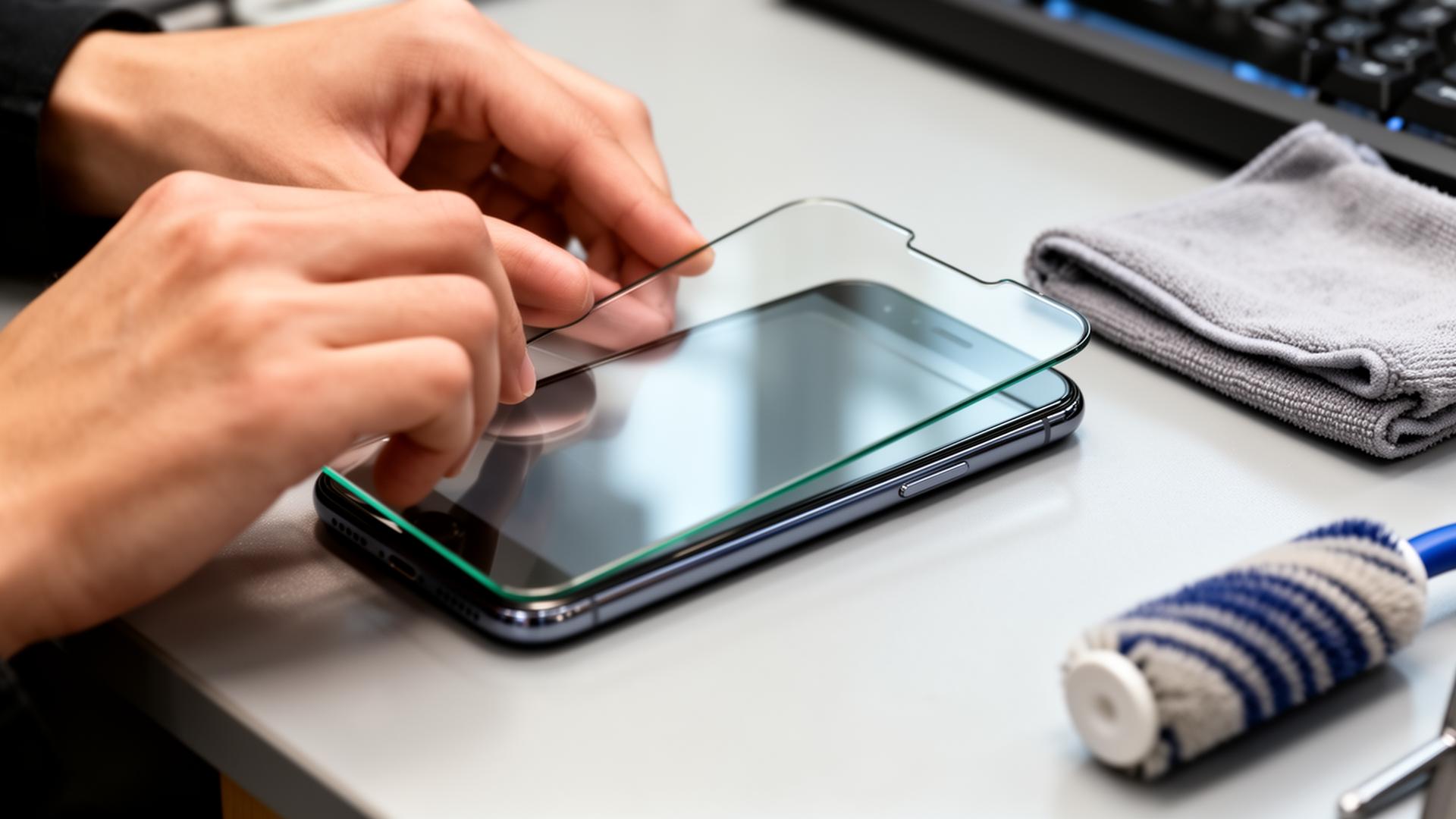 Pose d'une vitre de protection sur smartphone en boutique à Mazamet