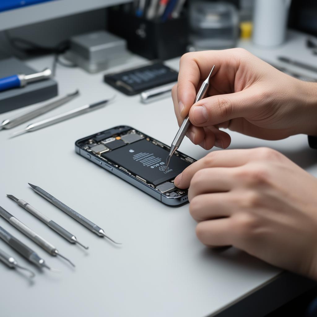 Technicien en train de remplacer la batterie d'un iPhone ouvert sur un établi de réparation