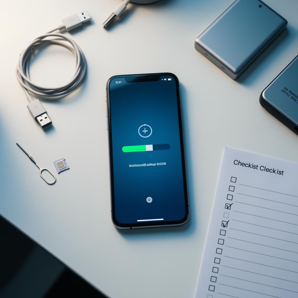 Smartphone sur un établi de réparation avec outils de sauvegarde et checklist de préparation