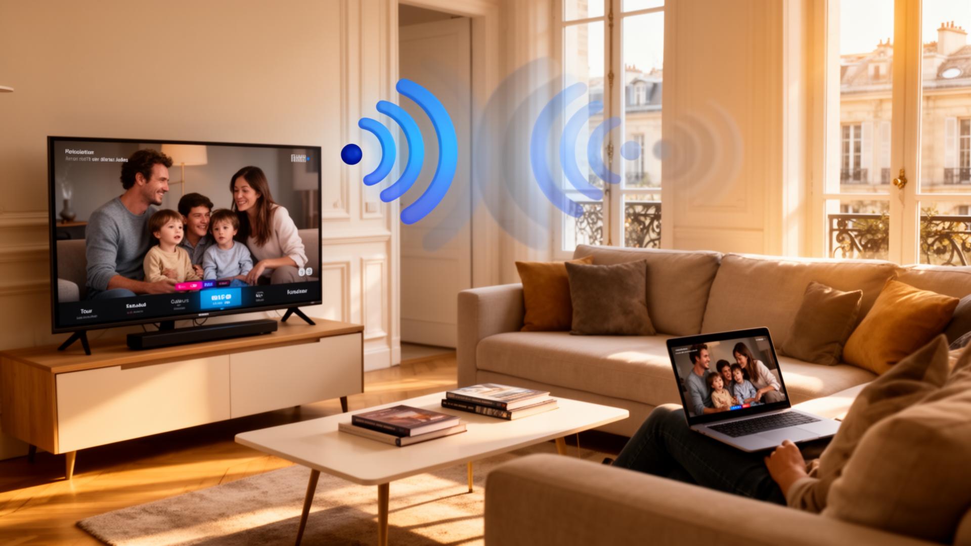 Famille profitant d'une box internet fibre dans son salon à Mazamet