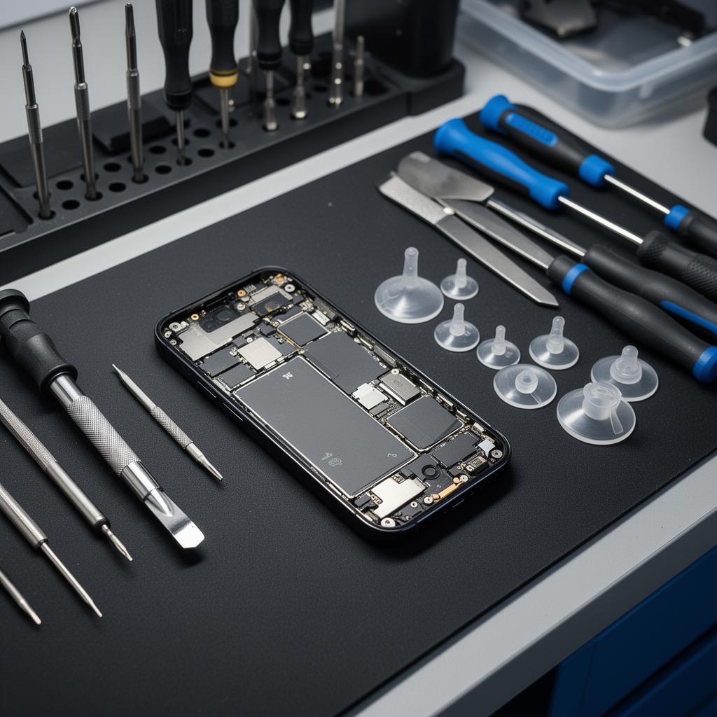 Outils de réparation smartphone disposés sur l'établi de la boutique Mobileo Mazamet